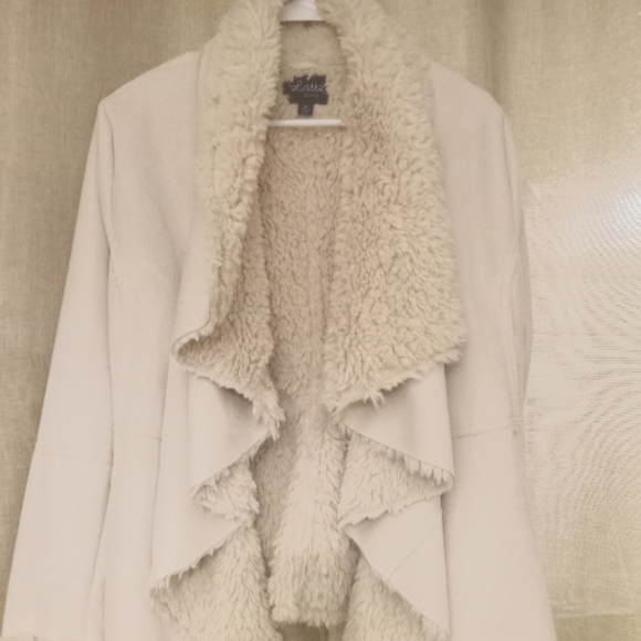 Women's Latte Black Cream Colored Sherpa Lined Jacket with Cascading Front Med. - Picture 1 of 3